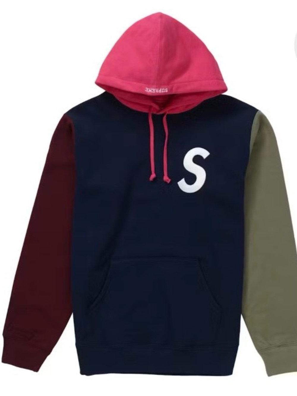 Supreme Color block Hoodie- embroidered S- Navy, Burgundy & Olive